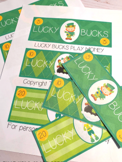 Printable Play Money for St Patricks Day - Lucky Bucks Pretend Play Money Printable - ThatKidsCraftSite.com